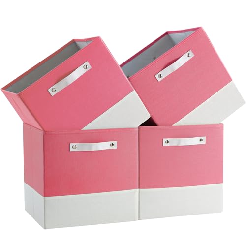 Cube Storage Bins | 13"x15"x13", Pink & White, 4 Pack | Multi-Size | 2X Thick Support Board | Vegan Leather Handles | 7.7 oz/yd² Fabric | Drawer Insert Basket Fits KALLAX - color: Pink & White, size: 13"x15"x13"