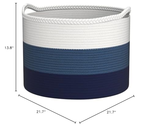 COMSE XXXLarge Woven Blanket & Laundry Basket, 87L, White & Blue | 21.7" x 13.8", Cotton Rope, Nursery Hamper for Storage of Toys Clothes Towels, Ideal for Living Room Bedroom Bathroom - color: White & Cadet Blue & Navy Blue