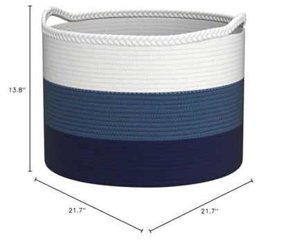COMSE XXXLarge Woven Blanket & Laundry Basket, 87L, White & Blue | 21.7" x 13.8", Cotton Rope, Nursery Hamper for Storage of Toys Clothes Towels, Ideal for Living Room Bedroom Bathroom - color: White & Cadet Blue & Navy Blue