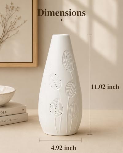 Ceramic Vase Table Lamp - 2700K Bulb & 3 Artificial Flowers Included | Handmade Openwork Craft - Inline Switch - E12 Socket - Tulip 11" - style: Tulip