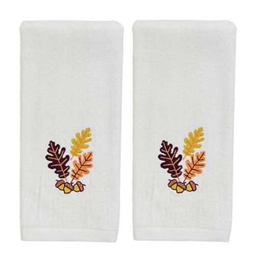 Fall Thanksgiving White Guest Hand Bathroom Towels, Acorn Leaves, 16 x 25" | Set of 2, 100% Soft Cotton Velour, Autumn Farmhouse Decor for Bath or Kitchen, Perfect for Seasonal Parties & Hostess Gifts - color: Oak Leaves