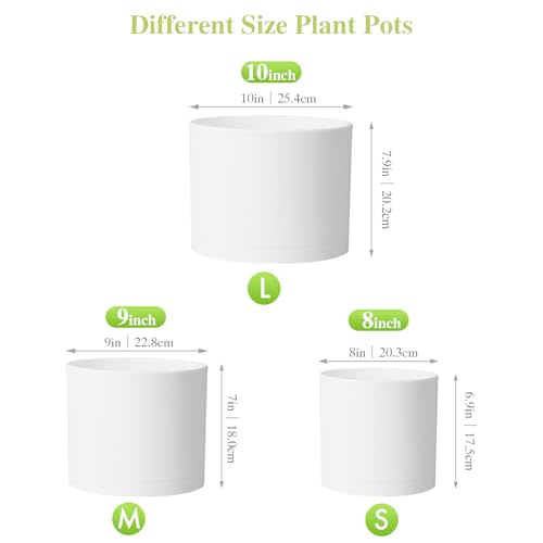 Large Plant Pots Set of 3 – 8", 9", 10" Indoor Flower Pots with Drainage Holes and Saucers, Big Planters for Monstera, Fiddle Leaf Fig, Snake Plant – 5 Colors - color: White
