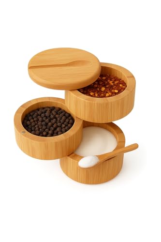 3-Tier Bamboo Salt Cellar with Magnetic Lid and Spoon, 10.15 oz | Ideal for Celtic Sea Salt, Ideal for Redmond Real Salt, Salt and Pepper Bowls