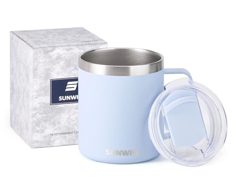SUNWILL Insulated Coffee Mug, Stainless Steel 14 oz, Splash-Proof Lid | Keeps Drinks Hot & Cold, Powder-Coated Iceberg Finish, Dishwasher Safe, Ideal for Home & Office - color: Powder Coated Iceberg