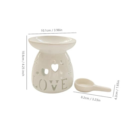 Ceramic Tealight Candle Holder Love Essential Oil Burner Ornament with Spoon for Yoga Spa, Oil Diffuser Aromatherapy Wax Melt Burners for Bedroom Home Decoration (White)