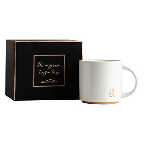 COLLECTIVE HOME Ceramic Coffee Mug, 15 oz Monogram Cup with Gift Box(a) | Dishwasher Safe, Engraved Gold Letter , Personalized Housewarming Birthday Present, Christmas Thanksgiving Mothers Day Gifts - color: gold-a