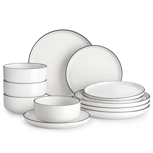 MALACASA Plates and Bowls Sets, 12 Pieces Modern Porcelain Dinnerware Set for 4 White Kitchen Dinner Dining Ware Set wtih Black Rim Ceramic Dishware Dishes Microwave and Dishwasher Safe, Series LUNA - color: Ivory White-Black Rim, size: 12 Pcs (Service fo