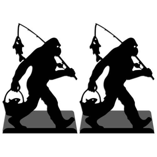 WADORN Bigfoot Fishing Metal Decorative Bookend for Shelves 1 Pair, Heavy Duty Book Ends Unique Non-Skid Books Holder Stand Black Book Support Stoppers for Desk Bookshelf Office Home, 5.3x4.3x7.9 Inch - color: Funny Bigfoot