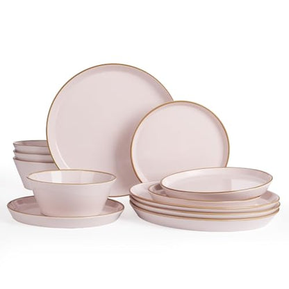 Famiware Saturn Dinnerware Sets, Ceramic Dishes for 4, Rimmed Plates, Bowls | Light Pink, 12-Piece Microwave and Dishwasher Safe Stoneware, Chip & Scratch Resistant, Modern Rustic Tableware, Everyday Use - color: Light Pink, size: 12
