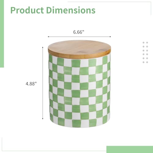 Green and White Checkered Utensil Holder, Painted Ceramic Kitchen Countertop Storage Jar with Sealed Lid, Kitchen Organizer for Spatulas & Coffee Beans, Long-Lasting & Easy Clean, Medium Size
