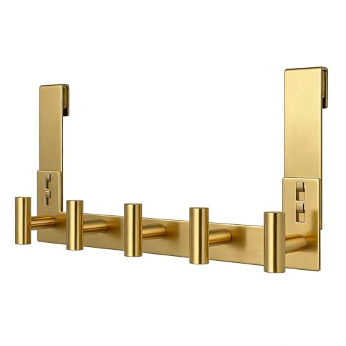 HUFEEOH Over The Door Hooks, 1 Pack Stainless Steel Door Hanger for Towel & Coat, Tool-Free T Shape Bathroom & Dorm Hooks for Hanging (Gold, Fits 3/8" Thick Door - 5 "T“ Hooks) - color: Gold, size: Fits 3/8" Thick Door - 5 "T” Hooks