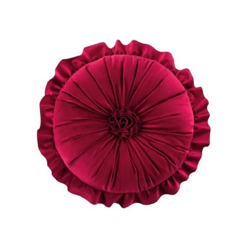 Round Velvet Ruffle Pillow,Round Throw Pillow,Boho Decorative Throw Pillow for Sofa, Bed, Chair, Car & Floor Seating,Floral Circle Cushion for Living Room, Home Decor (Wine Red) - color: Wine Red