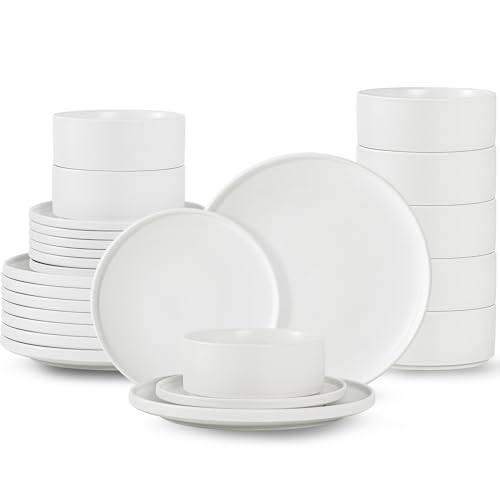 Dinnerware Sets, 24-Piece Plates and Bowls Set for 8, Matte White | Modern Minimalist Stoneware, Dish Set for 8, Dinner Plate, Salad Plate, Cereal Bowl, Microwave and Dishwasher Safe - color: White, size: Service for 8 (24PCS)