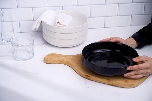 KooK Pasta Bowl, Bowl Plate, Low Bowl, Plate Bowls, Ceramic Large Shallow Bowls, Microwave and Dishwasher Safe, Great for Soups and Salads, Glossy Porcelain, 47 oz, Set of 4, Black - color: Black
