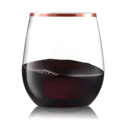 32 Pack Stemless Plastic Wine Glasses Disposable 12 Oz Rose Gold Rim - Shatterproof Recyclable and BPA-Free, Stylish Drinkware for all Beverages, Cocktail Parties, Wedding Reception - color: Clear / with Rose Gold Rim