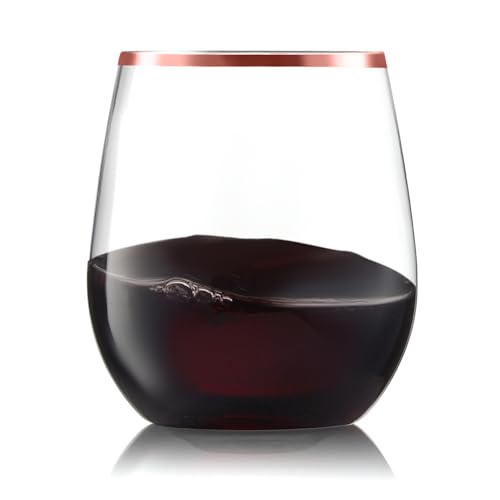 32 Pack Stemless Plastic Wine Glasses Disposable 12 Oz Rose Gold Rim - Shatterproof Recyclable and BPA-Free, Stylish Drinkware for all Beverages, Cocktail Parties, Wedding Reception - color: Clear / with Rose Gold Rim
