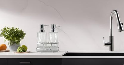 Square Glass Clear Lotion and Soap Pump Dispenser Set with Metal Stand Caddy for Bathroom Bath Kitchen Home Office Travel Hotel Hand Crafted Heavy Weight Chrome - color: Chrome