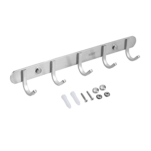 Coat Hook Rack Hanger –Towel Hook Rail with 5 Hooks 13-Inch Wall Mounted for Bedroom, Bathroom, Hallway, Garage, Garden, Office, 304 Stainless Steel Brushed Nickel, Easy Installation (Silver) - size: 5S hooks