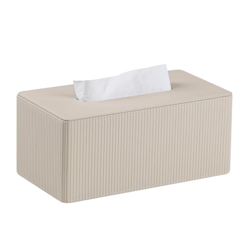 PU Leather Tissue Box Cover Rectangle Tissue Box Holder Rectangular | Magnetic Bottom, Decorative Modern Design, Aesthetic Stripes, For Bathroom, For 120(3-Ply)/160(4-Ply) Tissue Box - color: Beige