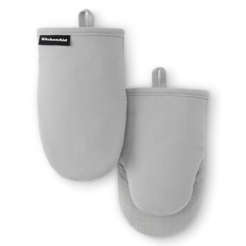 KITCHENAID Gourmet Series Gridlines Mini Oven Mitts 2-Pack Set, Heat Resistant up to 600°F, Soft Silicone Grip, Magnetic Cuff, Matte Grey, 5.5"x9" - color: Matte Grey