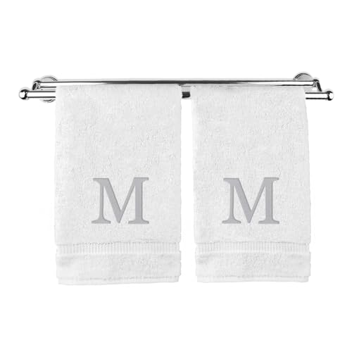 Monogrammed Hand Towel, Personalized Gift, Set of 2- Silver Block Letter Embroidered Towel - Extra Absorbent 100% Turkish Cotton - Soft Terry Finish - Initial M White - color: White & Silver, size: Initial M