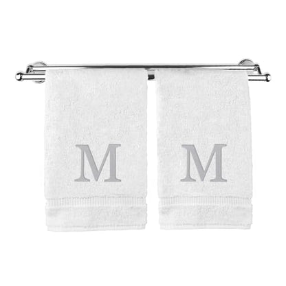 Monogrammed Hand Towel, Personalized Gift, Set of 2- Silver Block Letter Embroidered Towel - Extra Absorbent 100% Turkish Cotton - Soft Terry Finish - Initial M White - color: White & Silver, size: Initial M