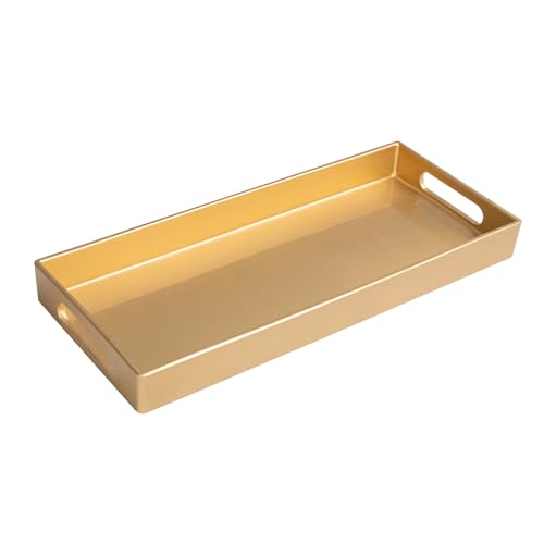 Golde Bathroom Tray, Rectangular Toilet Tank Trays with Handles | Modern Narrow Countertop Trays, Plastic Decorative Trays, Perfume Organizer Trays for Dresser, Kitchen, 13.8" x 6" x 1.57" - color: Gold