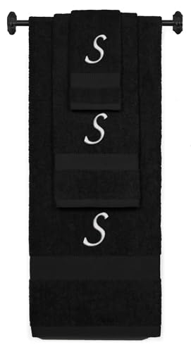 Monogrammed Bath, Hand, Washcloth Cotton Towel Set, Personalized Gift 3Pc-S - color: Black & Silver, size: Initial S