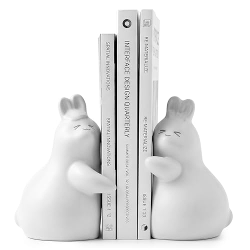 Decorative Bookends, Cute Ceramic Rabbit Book Holders for Shelves, White | Book Holders for Shelf, Heavy Duty Book Ends, Unique Desktop Bookstopper, Home Office Bookshelf Decoration - color: White-ceramic-new