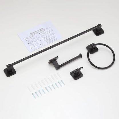 Matte Black Bathroom Accessories Set, 4 Pieces Bathroom Hardware Set, 24 inch Towel Bar, Towel Racks, Robe Towel Hooks, Toilet Paper Holder Wall Mounted Or Self-Adhesive,Stainless Steel and Plastic - color: Matte Black