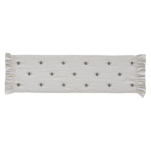 VHC Brands Embroidered Bee, Farmhouse Table Runner, Ruffled, Rectangle, Yellow Grey, 13x48 - size: 13x48