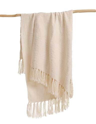 YnM Basketweave Knit Throw, Solid Neutral Vibe Textured Blanket with Tassel for Home Decor, 50 x 60 in, Cream