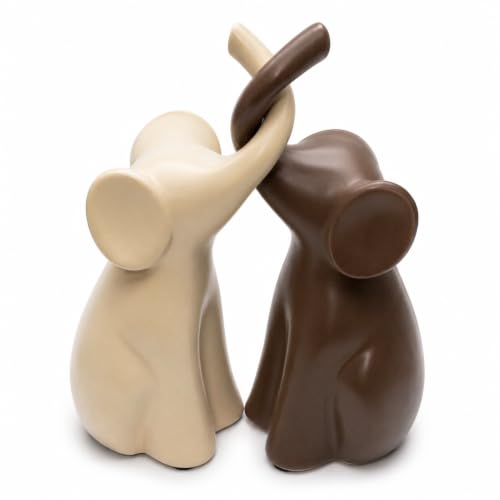 Elephant Figurines Home Decor, Set of 2 Ceramic Elephant Statues, Ivory White and Brown, Shelf Figurine, Elephant Gift for Women, 14th Anniversary, Wedding or Housewarming Gift for Couples