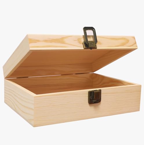 Wooden Box with Hinged Lid - 8x6x3 Inch Unfinished Wood Box for Crafts DIY | Plain Natural Solid Pine Storage Box with Clasp for Jewelry, Art Supplies, Keepsake Desk Organization and Gift Decor