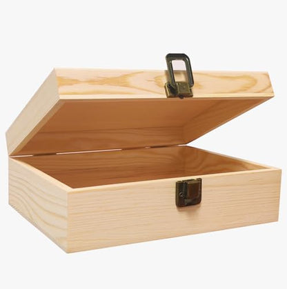 Wooden Box with Hinged Lid - 8x6x3 Inch Unfinished Wood Box for Crafts DIY | Plain Natural Solid Pine Storage Box with Clasp for Jewelry, Art Supplies, Keepsake Desk Organization and Gift Decor