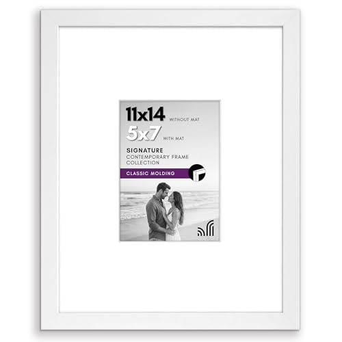 Americanflat 11x14 Picture Frame with Shatter-Resistant Glass - Use as 5x7 Frame with Mat or Display 11x14 Photo Without Mat - Signature Collection - Picture Frames for Wall Display - White | Shatter-resistant glass, hangs vertical or horizontal, sawtooth