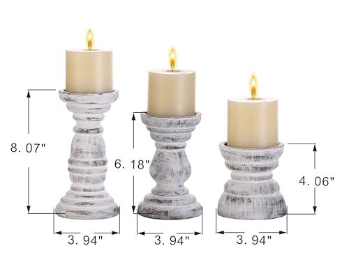 Rustic Wooden Pillar Candle Holders Set of 3 in Distressed White, Florence Style, Farmhouse Wooden Candle Holder, Wooden Candle Stand, Small Wooden Candlestick Holders, Living Room, Table Centerpiece