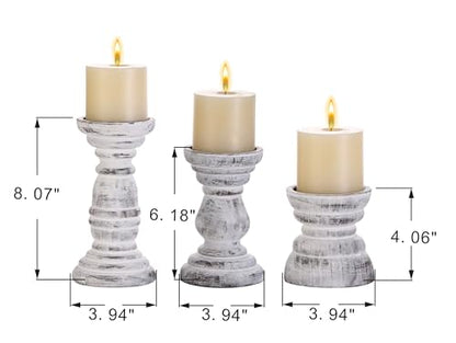 Rustic Wooden Pillar Candle Holders Set of 3 in Distressed White, Florence Style, Farmhouse Wooden Candle Holder, Wooden Candle Stand, Small Wooden Candlestick Holders, Living Room, Table Centerpiece
