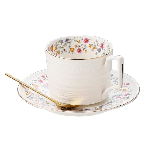 Country Roses Porcelain Tea Cup and Saucer Set with Gold Trim, Vintage Style, For Women and Tea Parties (1, P) - color: P