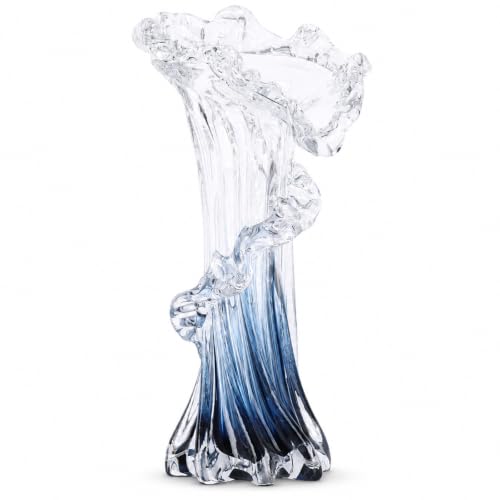 9.8" H Blue Blown Glass Vase, Modern Art Hand Blown Coastal Vase,Beautiful Unique Ocean Wave Centerpieces for Living Room, Bedroom, Office Desktop,Coffee Table and Wedding Decorative (M) - color: Blue White, size: Medium