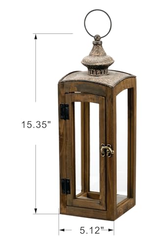 5"x15" Wooden Dome Lantern Made of Solid Fir Wood and Real Glass in Rustic Brown Finish with Rustic Metal Top, Hurricane Lantern, Farmhouse (5“x5) - color: Brown, size: 5“x5"