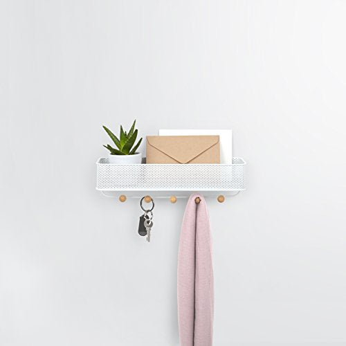 Umbra Estique Entryway Organizer, Wall Mount Key Holder, White/Natural | Steel construction, perforated mail bin, five wooden knob hooks, hidden mounting hardware, holds up to 5 lbs - size: Small