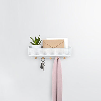 Umbra Estique Entryway Organizer, Wall Mount Key Holder, White/Natural | Steel construction, perforated mail bin, five wooden knob hooks, hidden mounting hardware, holds up to 5 lbs - size: Small