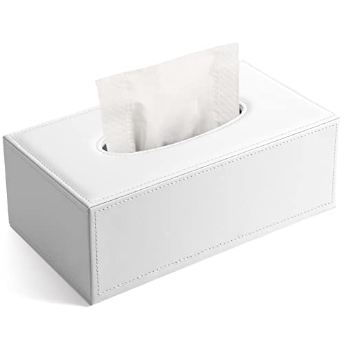 Rectangular PU Leather Tissue Box Cover - Facial Tissue Paper Napkin Holder for Bathroom, Home, Office, Car Automotive Decoration with Magnetic Bottom(White) - color: White