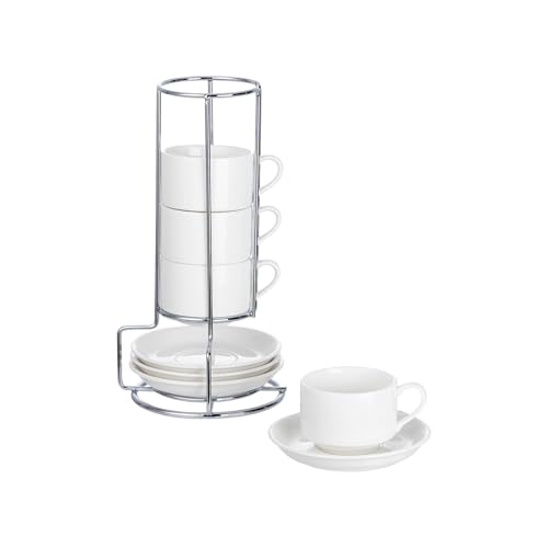 2.5oz Espresso Cups Set of 4, Small Stackable Coffee Cups with Saucers and Metal Stand, Ceramic Demitasse Cups, Cappuccino Cups for Coffee Drinks, Latte, White - color: White, size: 2.5oz