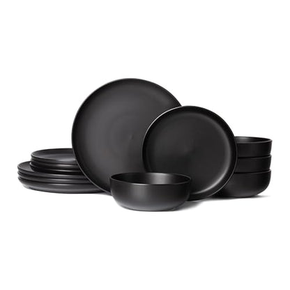 12-Piece Stoneware Dinnerware Set with Mugs | Microwave and Dishwasher Friendly | Stackable Matte Glaze Plates & Bowls | Service for 3 (Black for 4) - color: Black for 4
