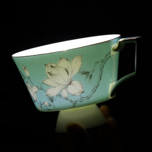 KAMMAK Ceramic Coffee Cups Saucers Set of 2, Porcelain Espresso Cups with Saucers, 8.12 oz Handcrafted Elegant Bone China Tea Cups, Blue & Sage Green Flower Teacup for Party, Office, Women Gift - color: Spring Magnolia (Green + Blue)