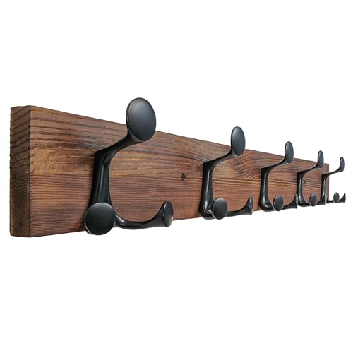 SKOLOO 30-Inch Wood Coat Rack Wall Mount with 5 Triple Hooks - Ideal for Family Entrances, Classrooms, and Pet Supplies Storage - Perfect Coat Hooks for Wall,Charred Golden Brown - color: Charred Golden Brown, size: 30 inch with 5 hooks