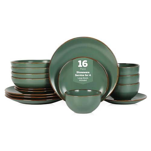 Stone Lain Brasa Modern Stoneware 16 Piece Dinnerware Sets, Plates and Bowls Sets, Dish Set for 4, Green - color: Green, size: 16-Piece Service for 4