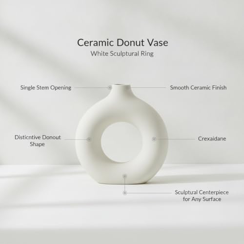Ceramic Donut Vase, White Sculptural Ring Centerpiece for Shelf Mantel Desk Display (1 PC) - size: 7.28 x 2.17 x 7.48 in